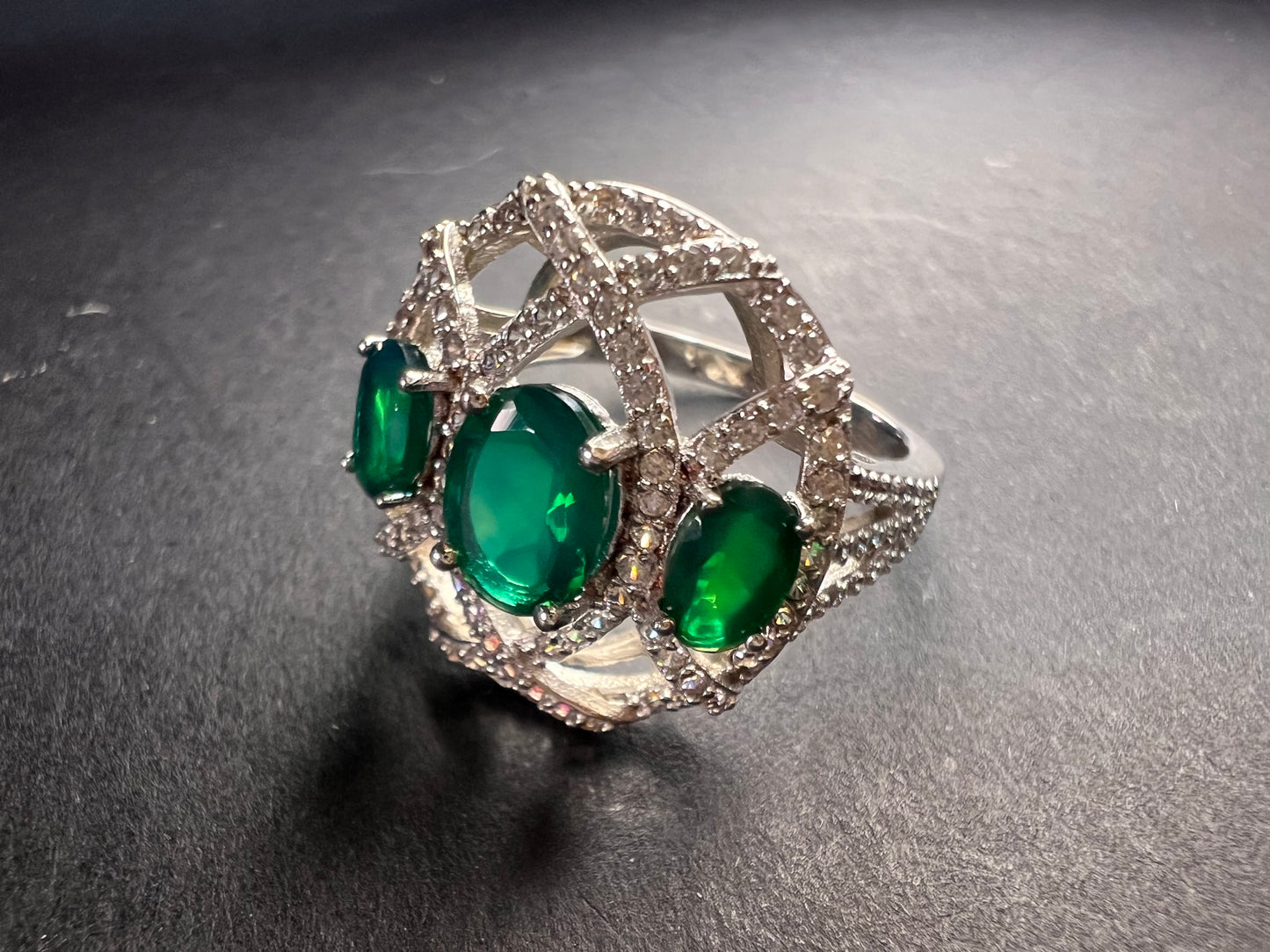 Synthetic emerald CZ sterling silver cocktail ring size 9