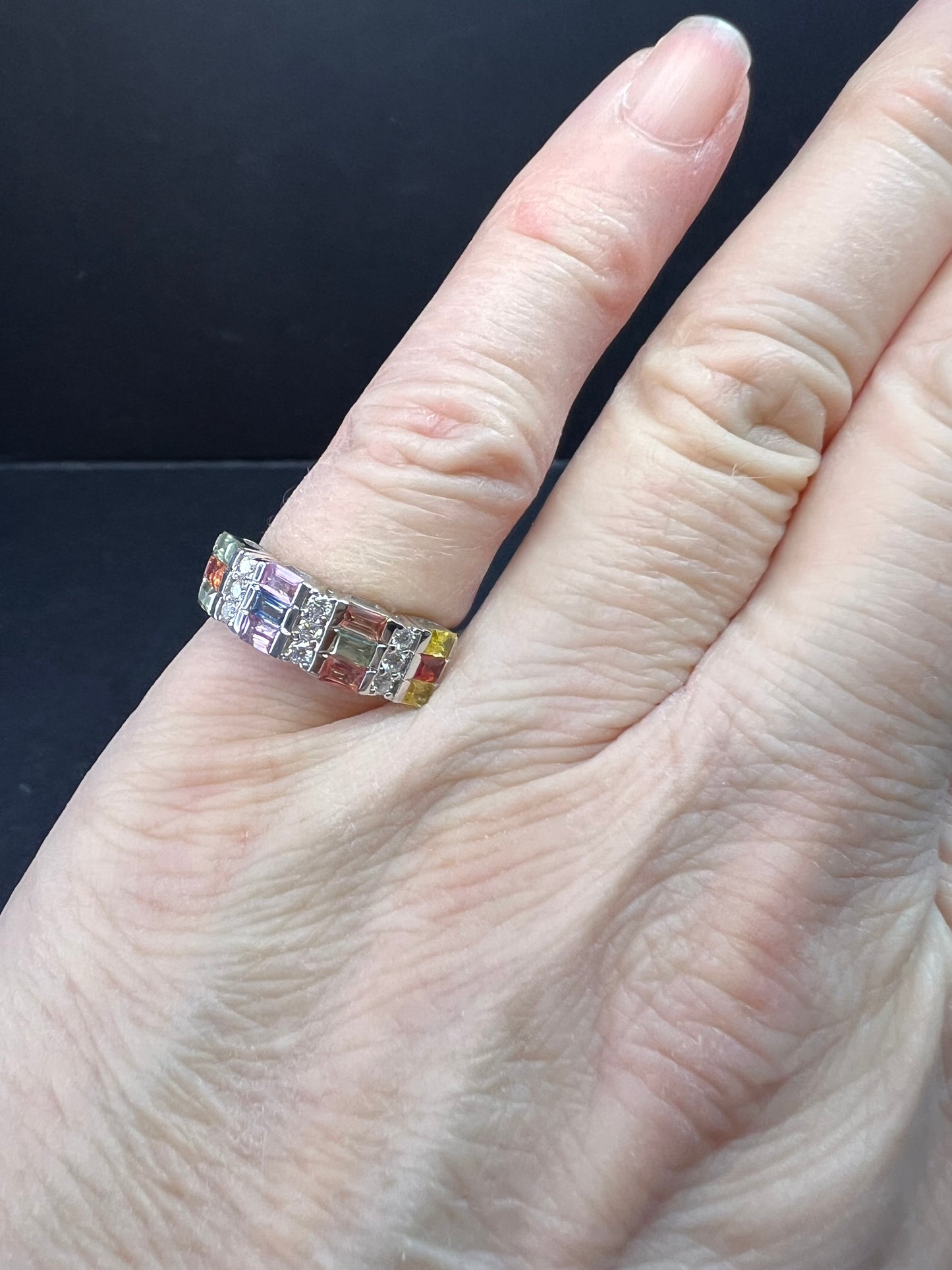 NEW multi sapphire and moissanite art deco style ring in rhodium over sterling silver size 5