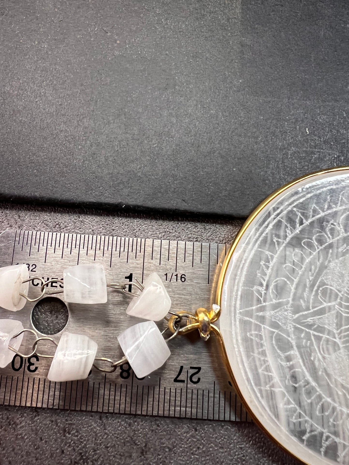 Vintage white onyx Aztec sundial 24 inch pendant necklace