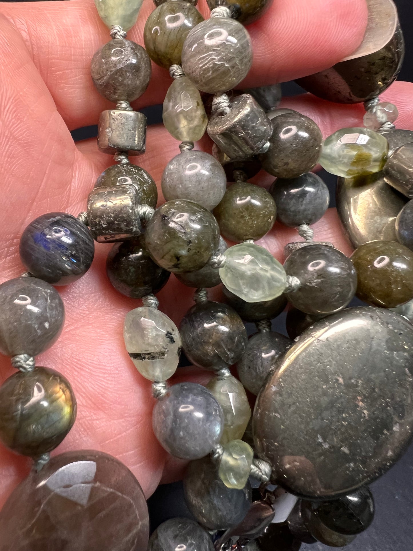 NEW pyrite and labradorite 32 inch necklace with sterling silver clasp