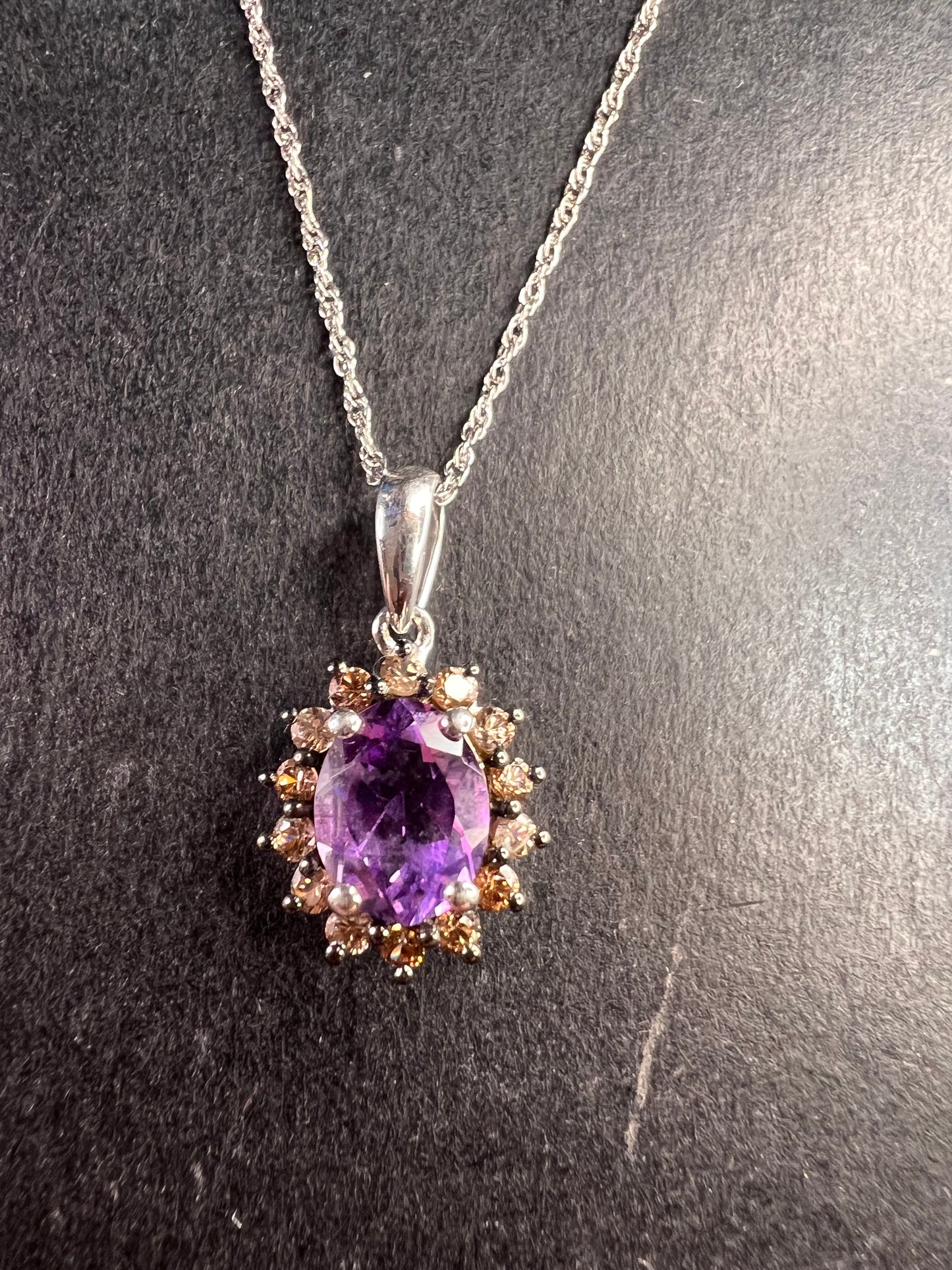 NEW Moroccan rose amethyst and brown zircon halo pendant in sterling silver with vintage chain