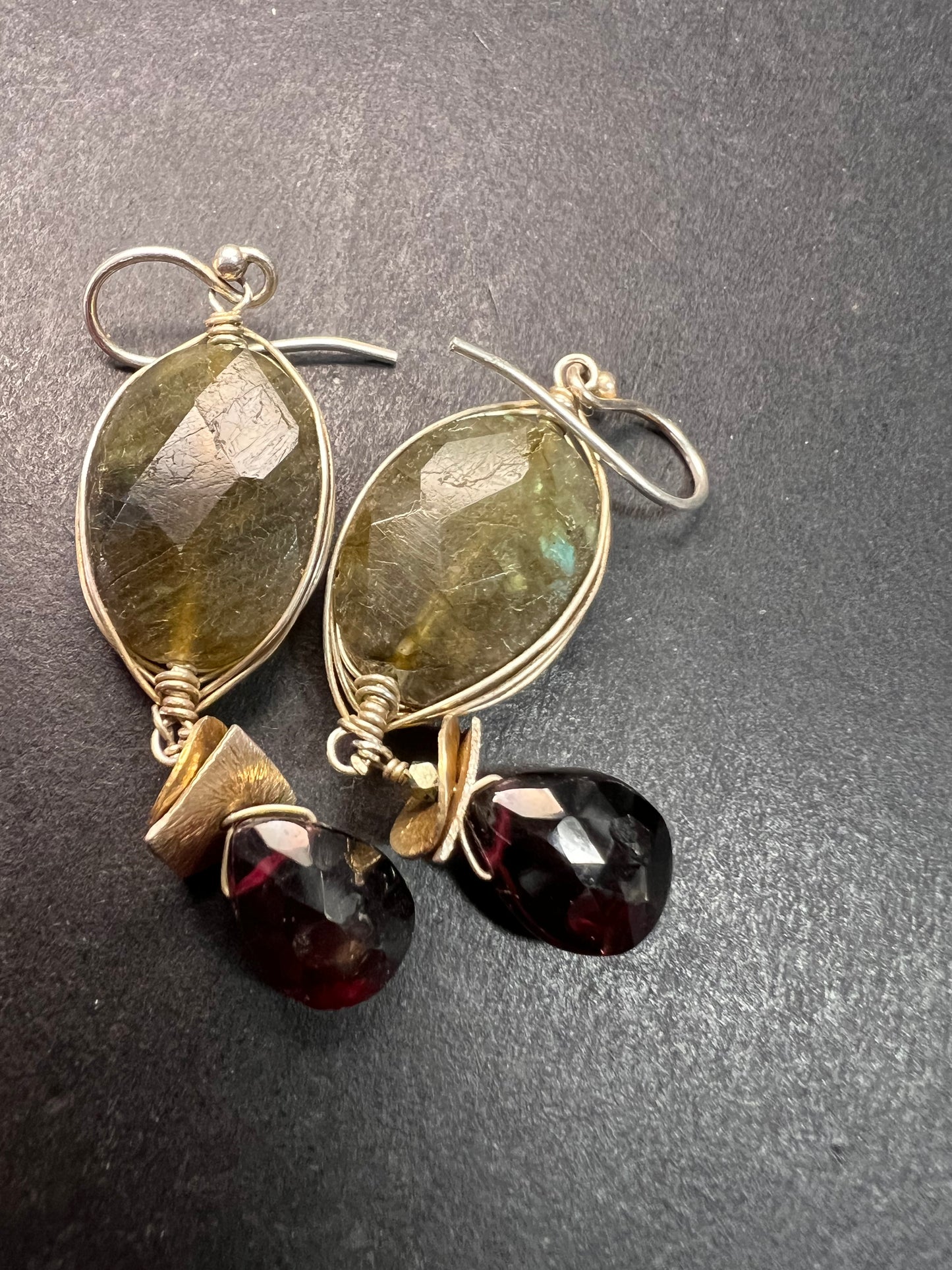 Labradorite and rhodolite garnet sterling silver dangle earrings