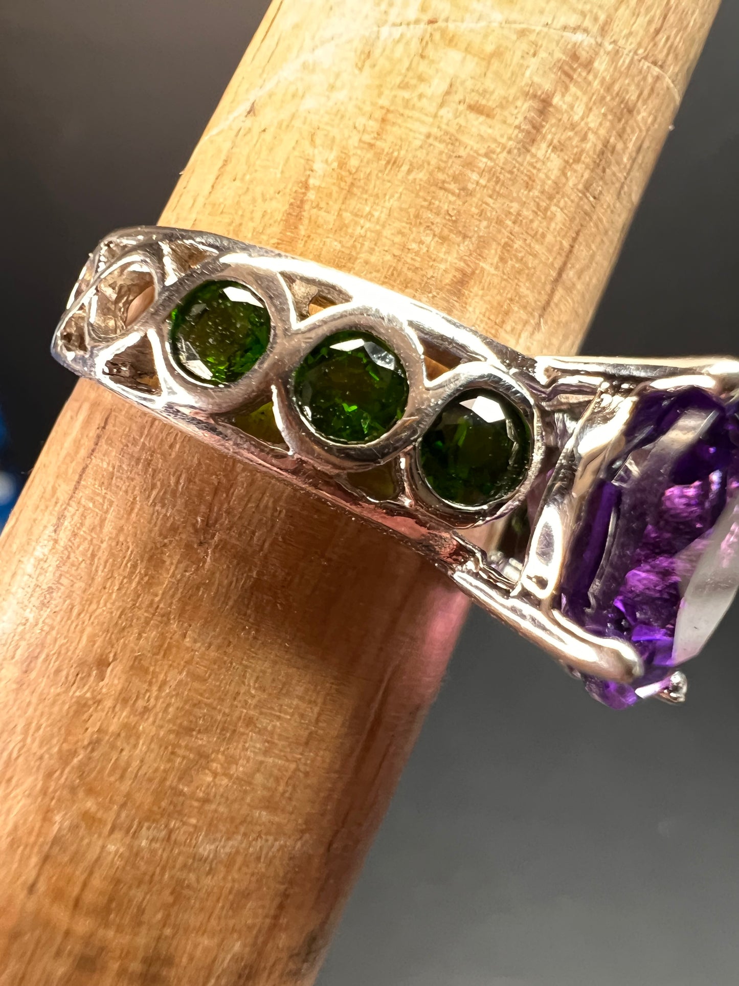 Vintage amethyst and chrome diopside ring in sterling silver size 7
