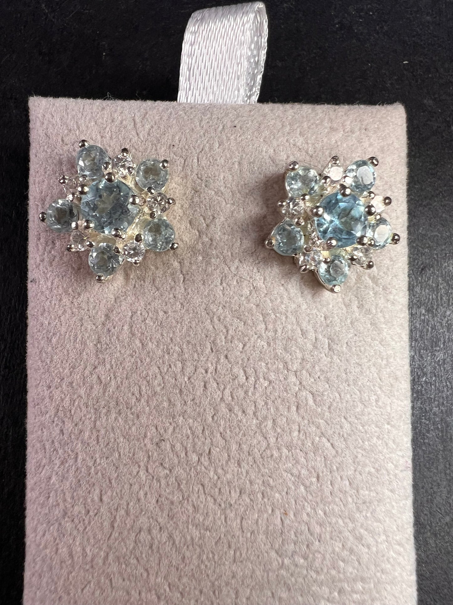 Vintage blue topaz and cz sterling silver snowflake stud earrings