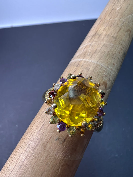 Yellow topaz multi stone gold over sterling silver halo cocktail ring size 8