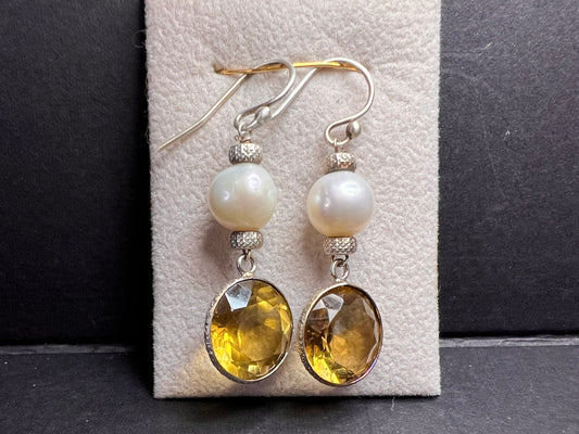 Citrine and pearl sterling silver dangle earrings