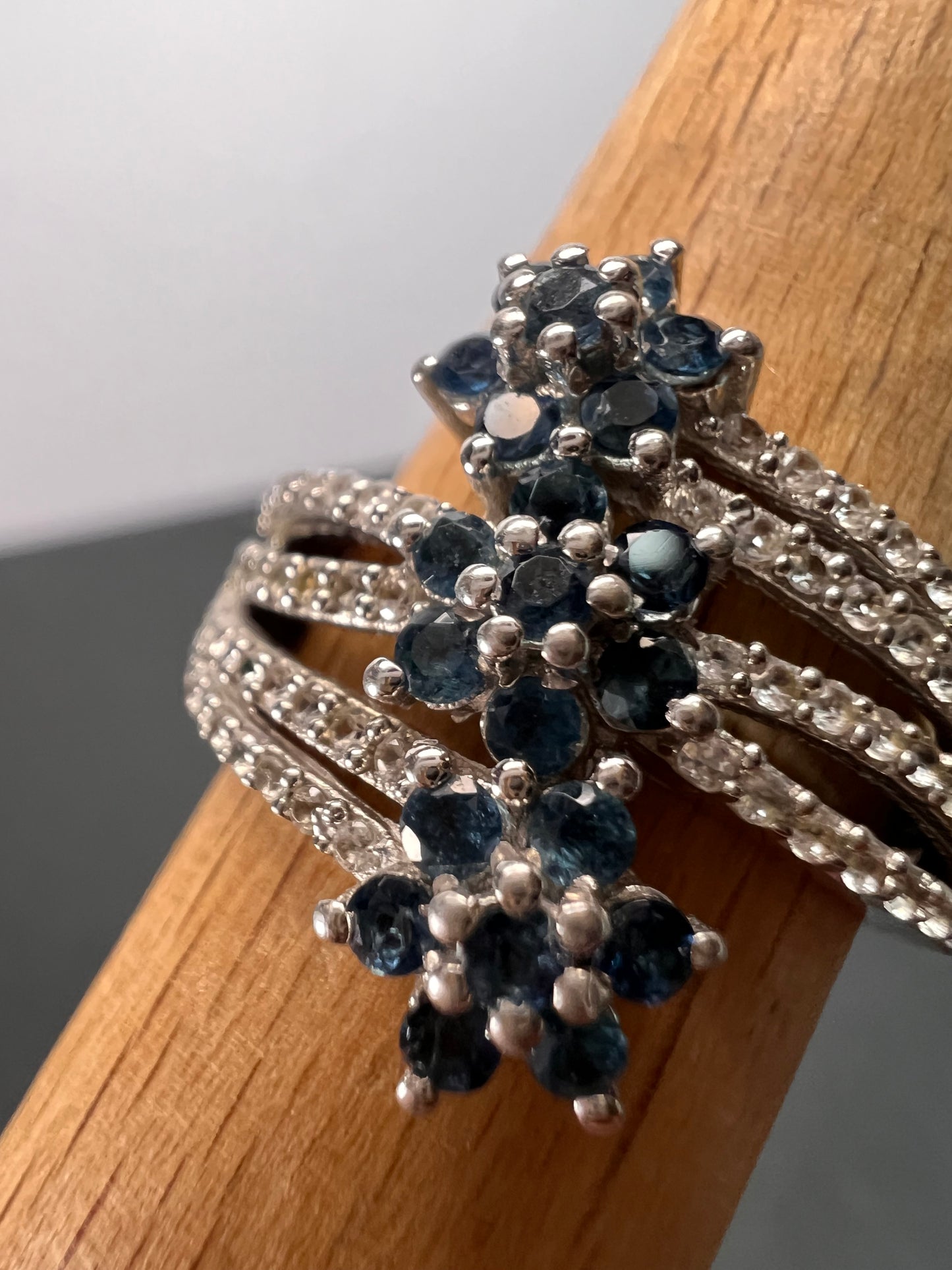 Blue tourmaline and zircon bypass ring in sterling silver size 9