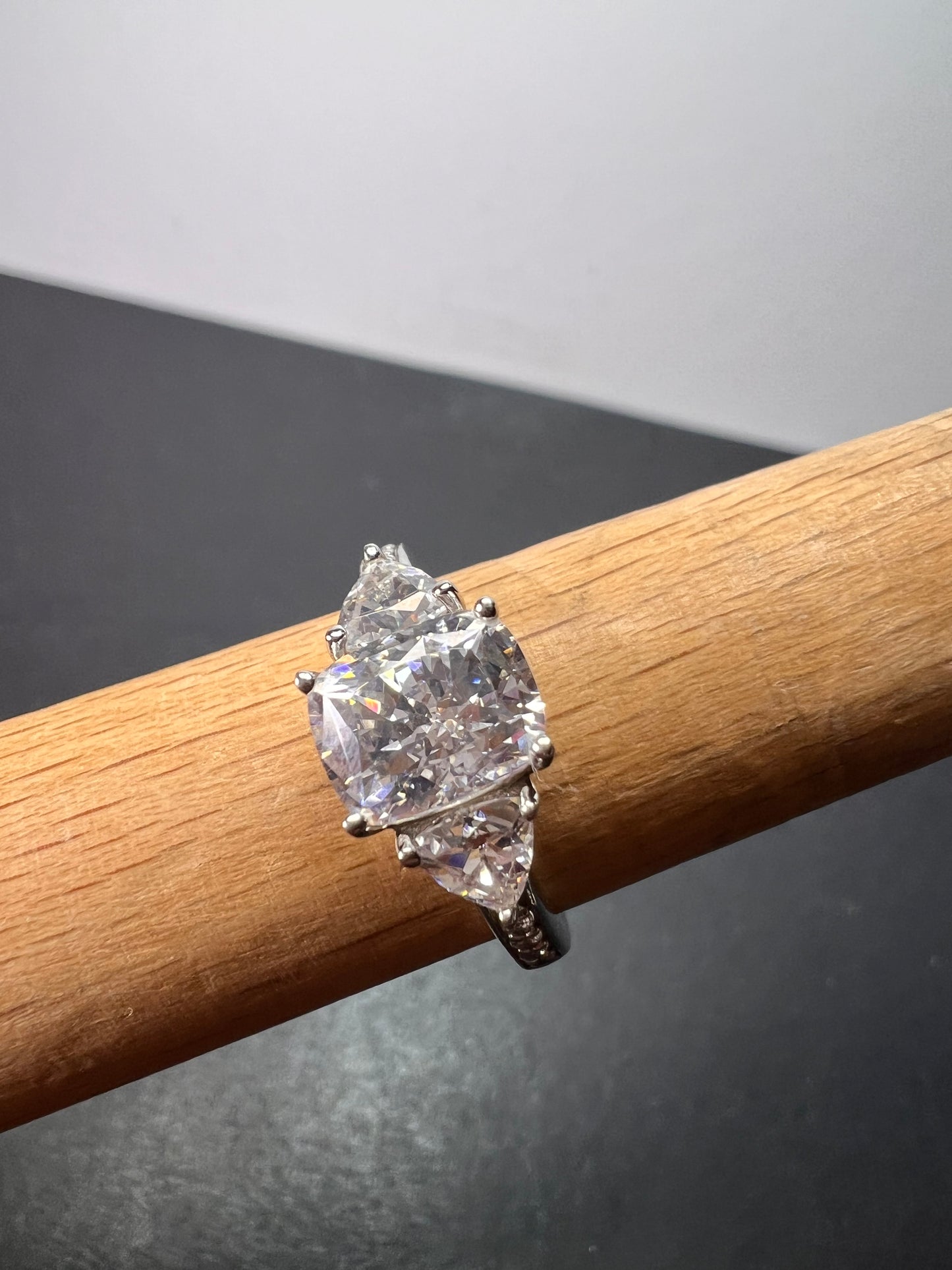 White cushion cut cubic zirconia platinum over sterling silver ring size 9