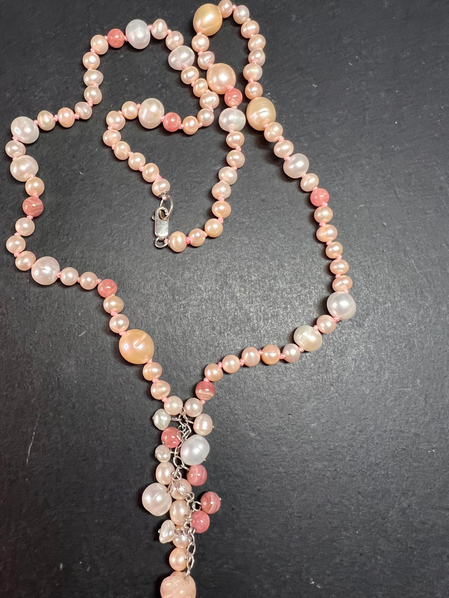 NEW freshwater pearl, rhodochrosite and morganite necklace with sterling silver clasp
