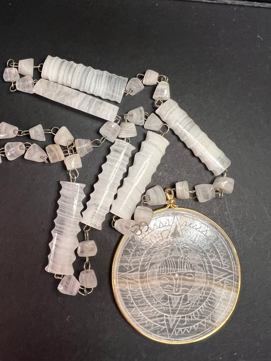 Vintage white onyx Aztec sundial 24 inch pendant necklace