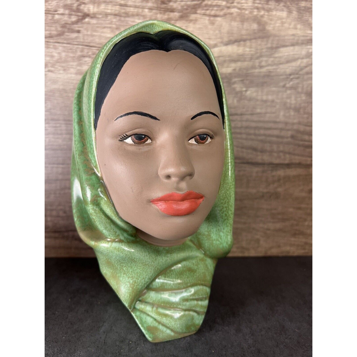 Vintage Female Head Bust Hand Painted Chalk Ware Green Head Scarf Ceramic