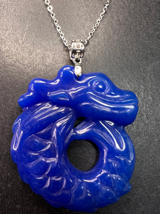 NEW Blue Jade dragon sterling silver pendant and chain