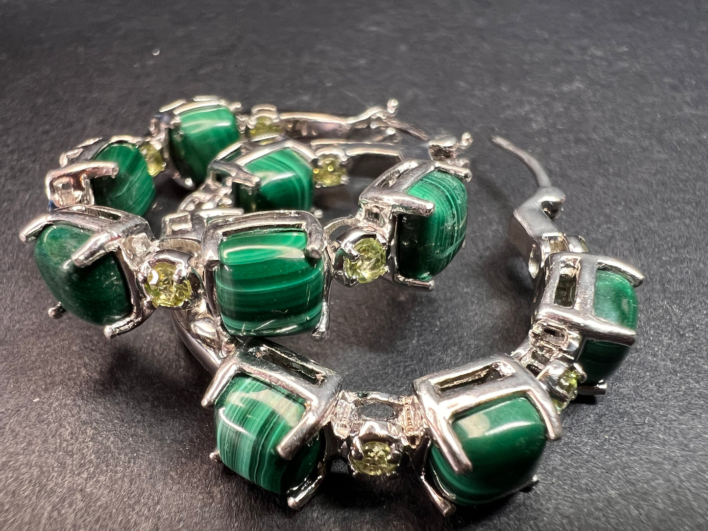 NEW malachite and peridot inside out hoop earrings in platinum over brass
