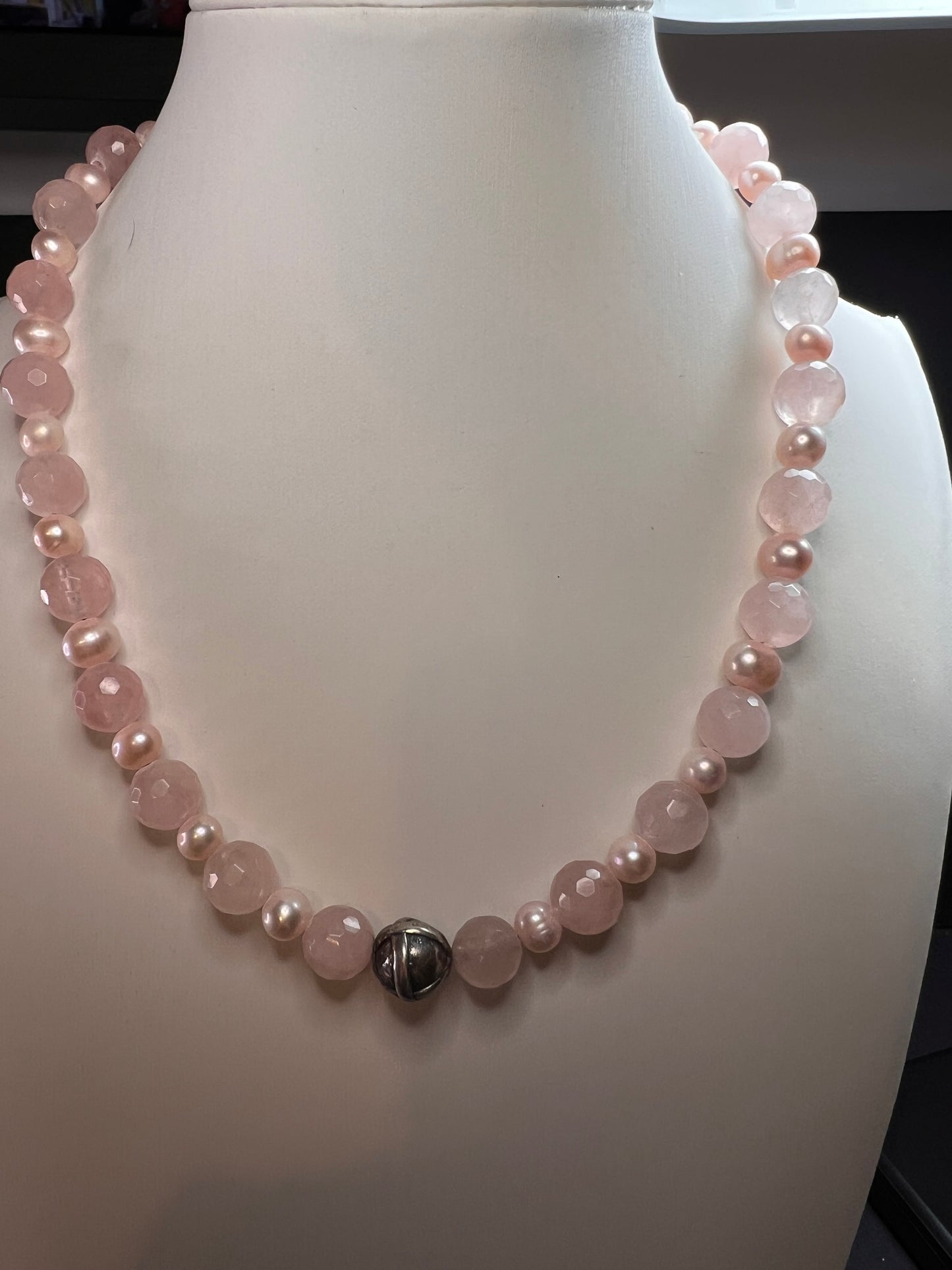 NEW rose quartz and pearl sterling silver necklace