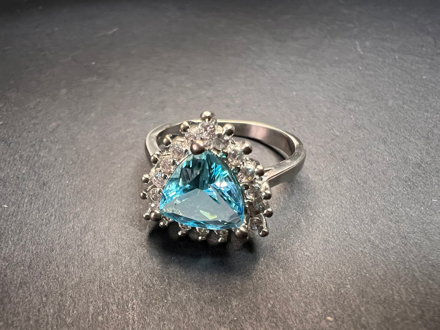 Sky blue trillium CZ halo sterling silver ring size 9
