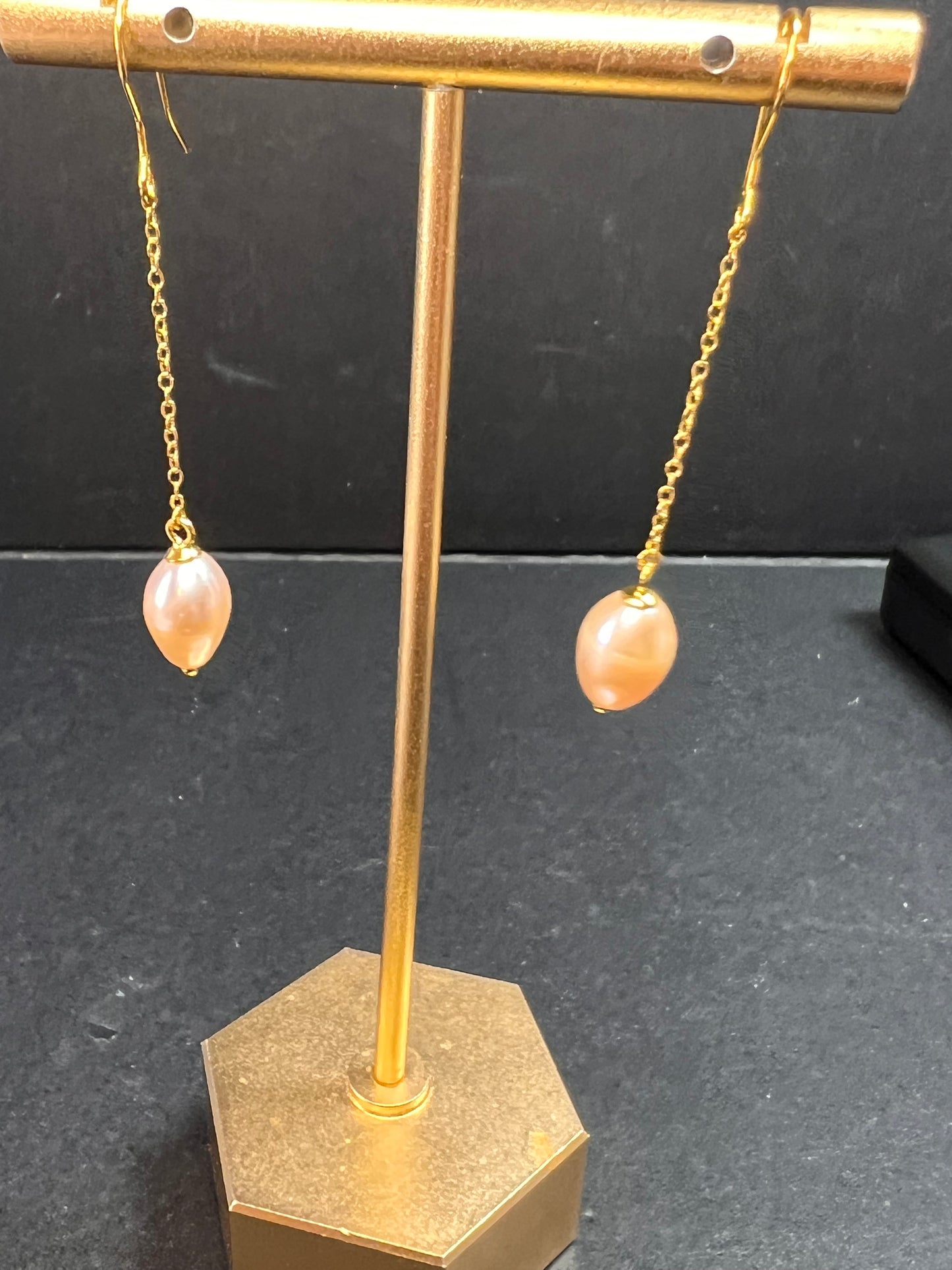 NEW peachy pink freshwater pearl chain dangles on gold over sterling silver