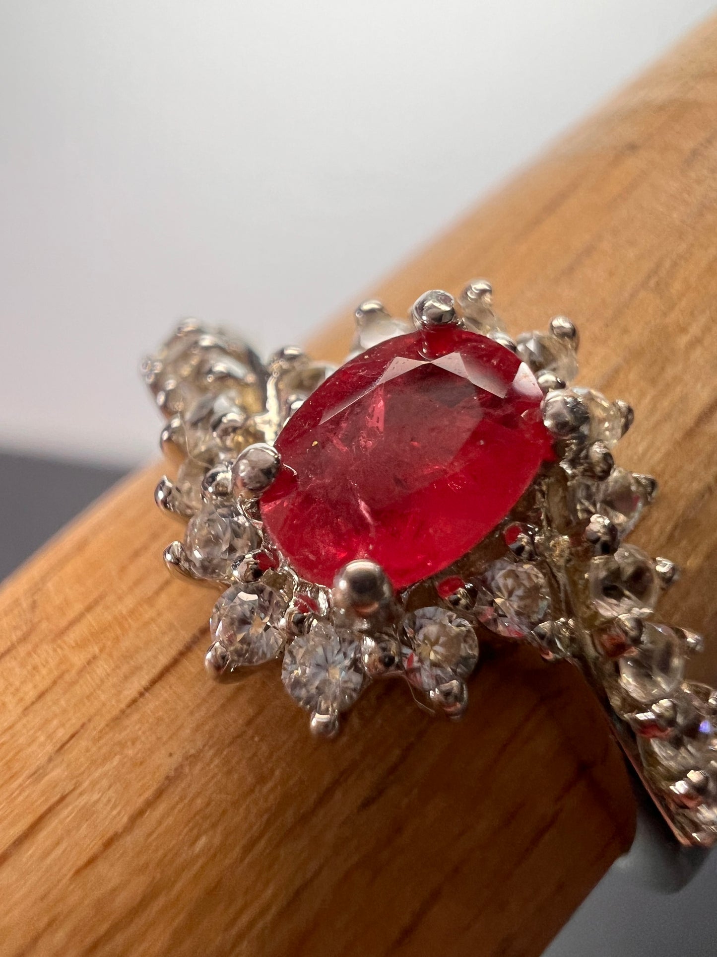 Mozambique ruby and zircon sunburst ring in platinum over sterling silver size 8 *NEW*