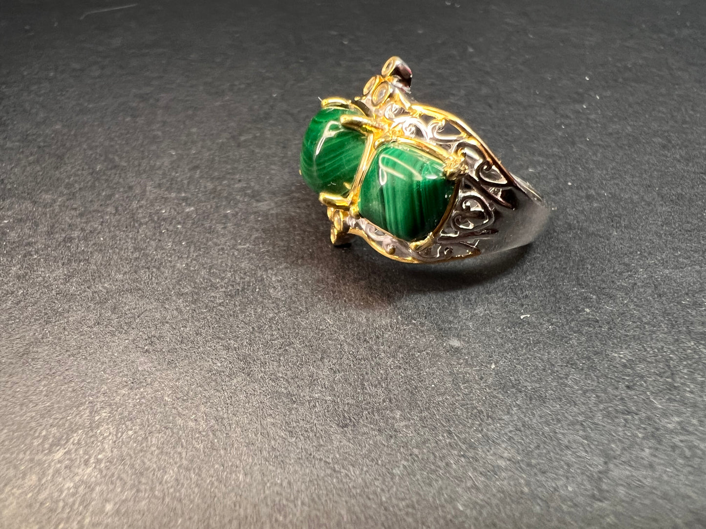 NEW Malachite and zircon two toned ring in vermeil and rhodium over sterling silver size 7
