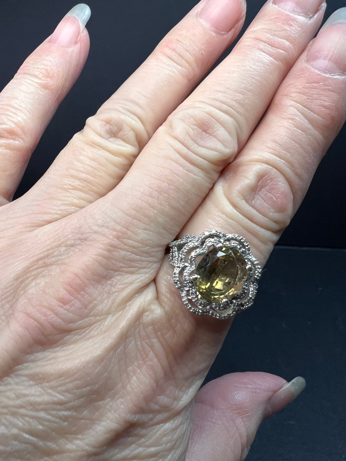 Citrine & Diamond Sterling Silver Scalloped Halo Ring Size 9