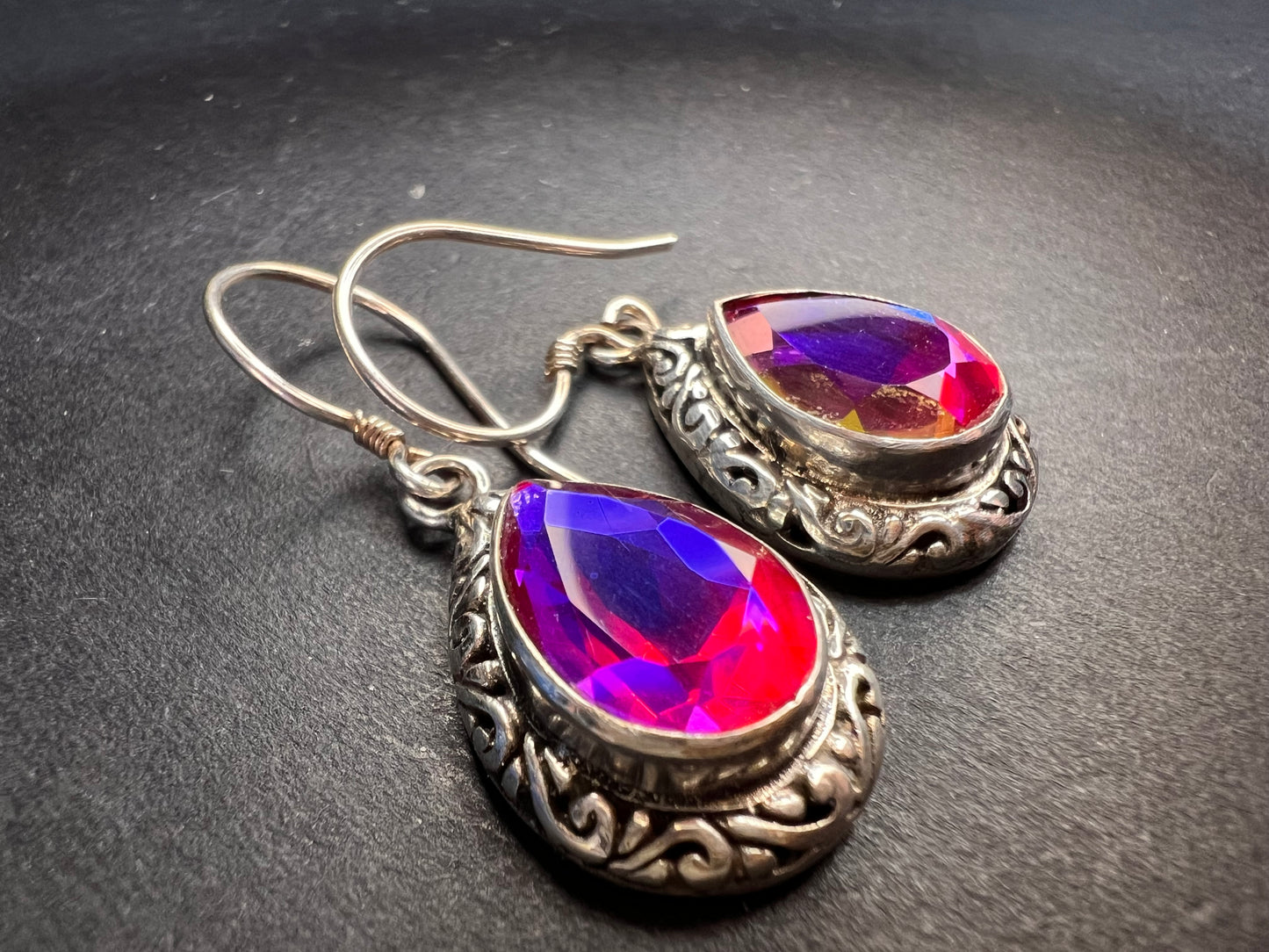 Volcanic Quartz Bali style sterling silver teardrop earrings
