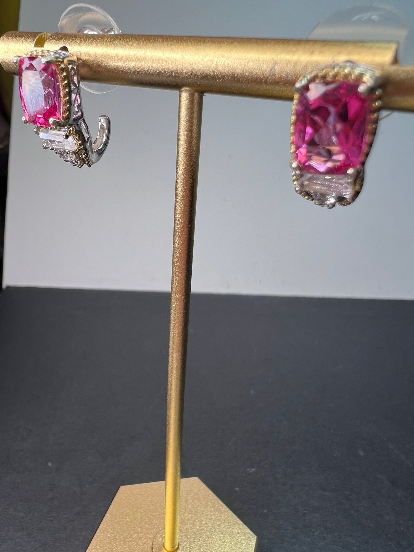 Pink spinel and white topaz sterling silver earrings