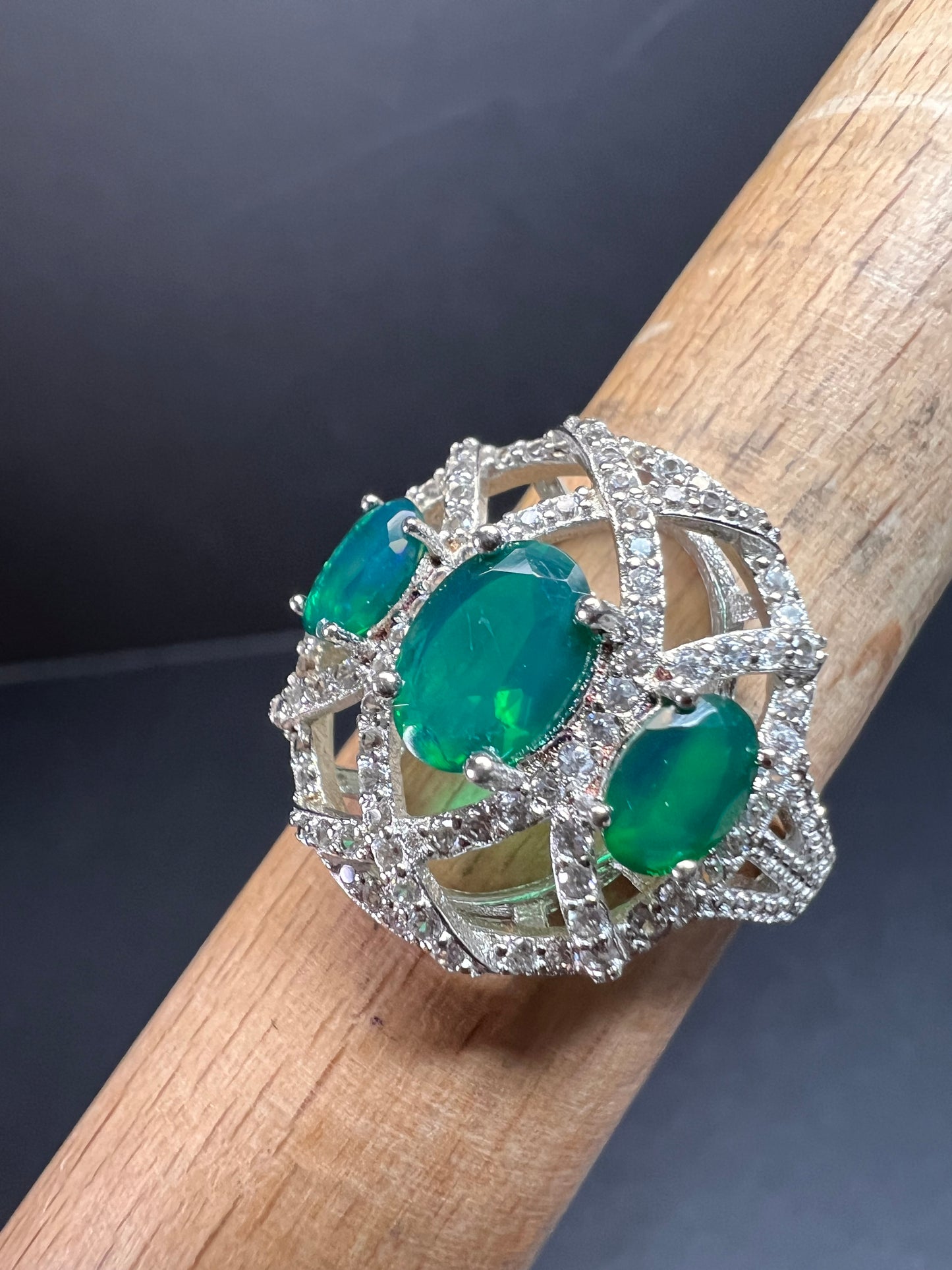 Synthetic emerald CZ sterling silver cocktail ring size 9