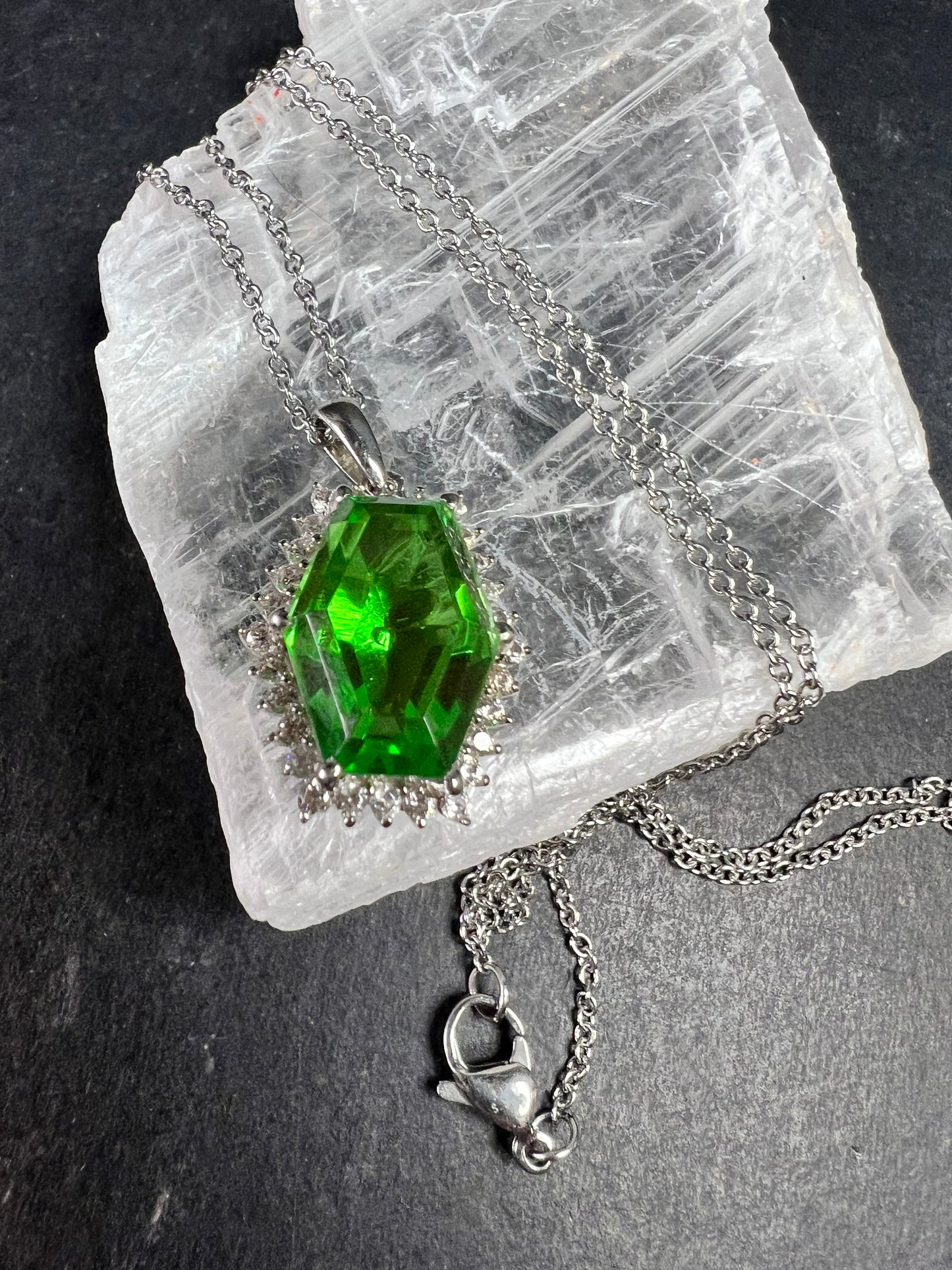 NEW Chartreuse Quartz & White Zircon Pendant Necklace 20” 16.15ctw