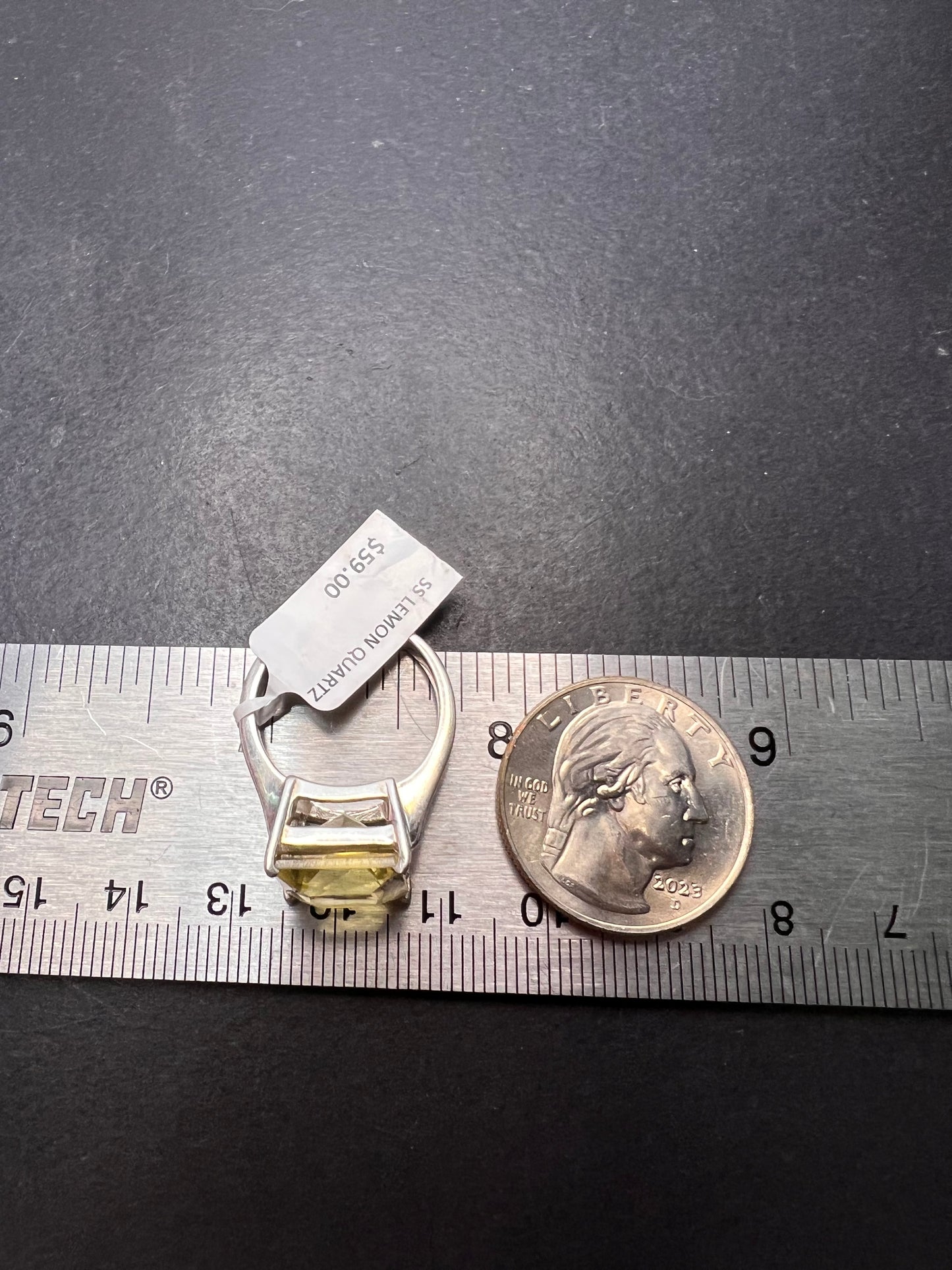 NEW size 7 Princess cut lemon quartz sterling silver ring 5.35 grams