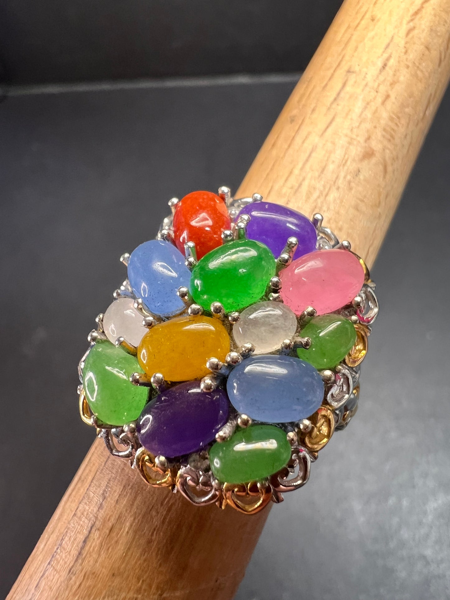 NEW rainbow harmony jade ring in vermeil and rhodium over sterling silver size 5