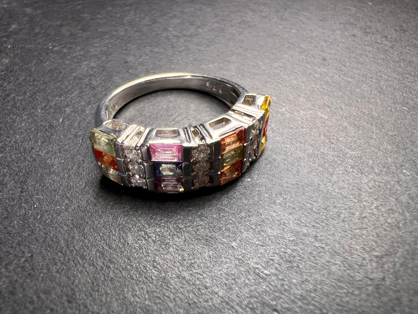 NEW multi sapphire and moissanite art deco style ring in rhodium over sterling silver size 5