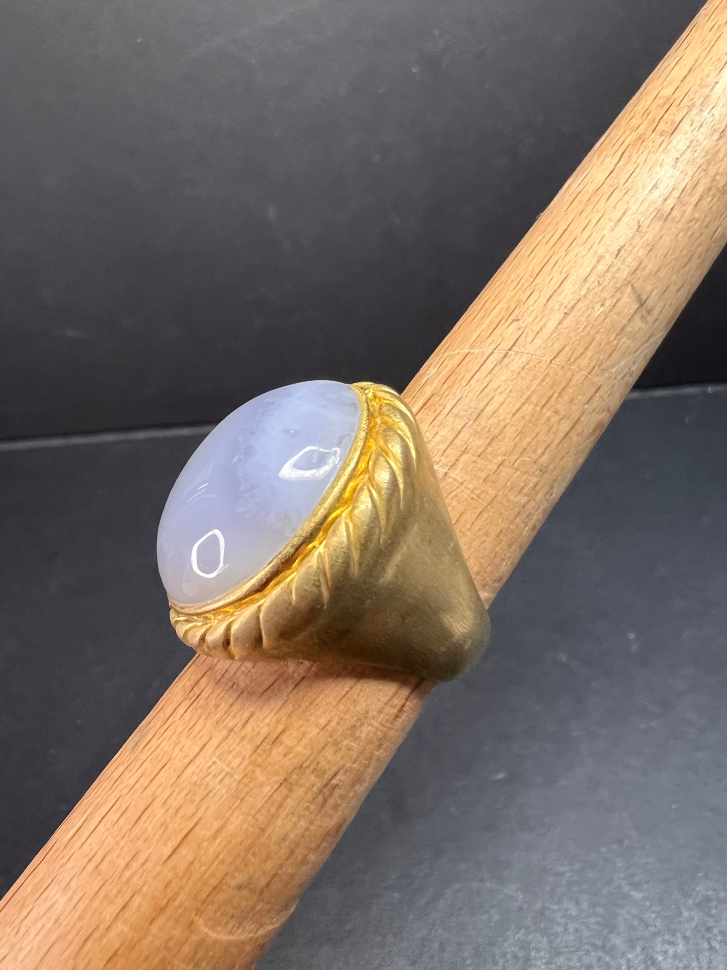 Glow By Sheila Fajl Signed Blue Agate Ring brushed 18kt Plated size 7