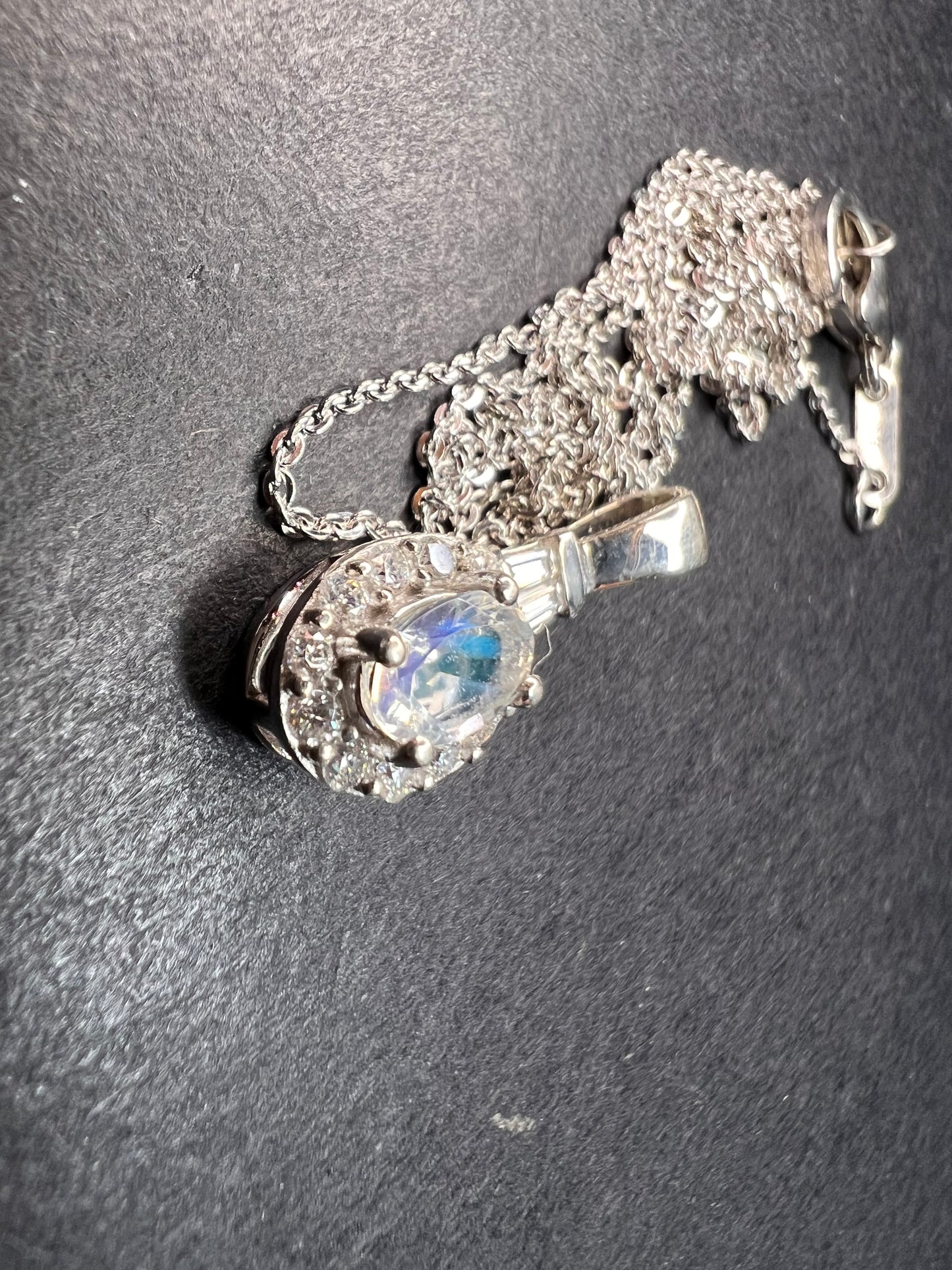 NEW gemmy moonstone and moissanite halo pendant in rhodium over sterling silver