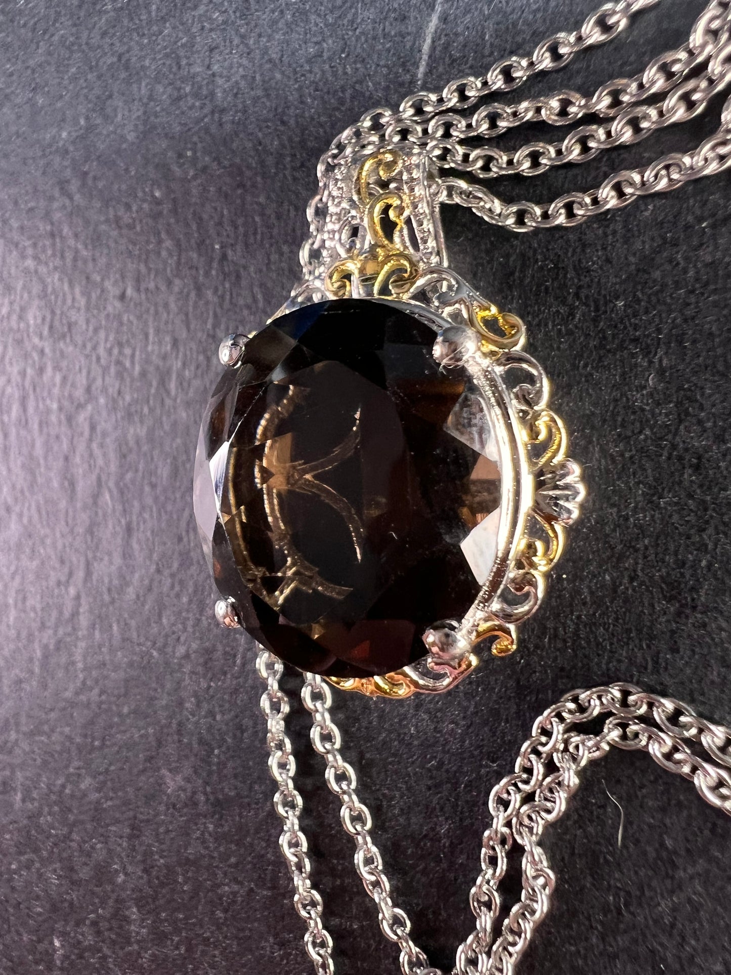 NEW Smoky Quartz pendant necklace in platinum and YG over brass and stainless steel 20 inches