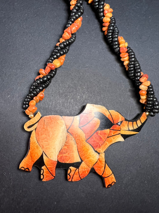 Vintage Lee Sands coral inlay elephant necklace