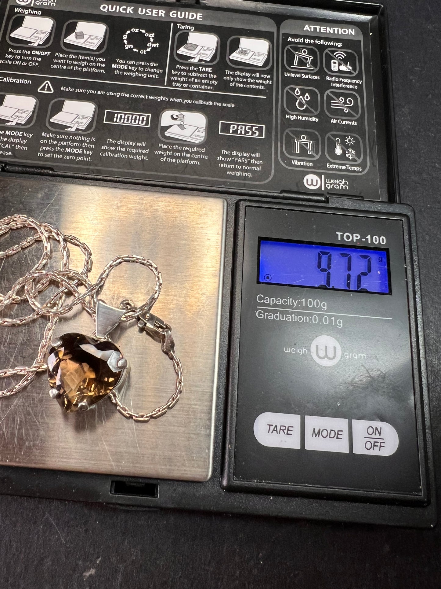 Vintage Smoky Quartz Heart Pendant Necklace Sterling Silver 20”