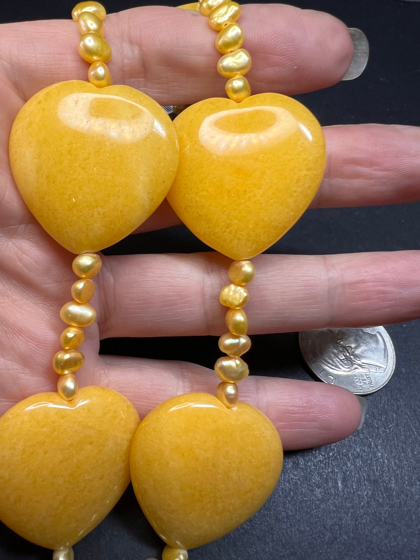 NEW yellow quartzite hearts and pearl station necklace with sterling silver clasp