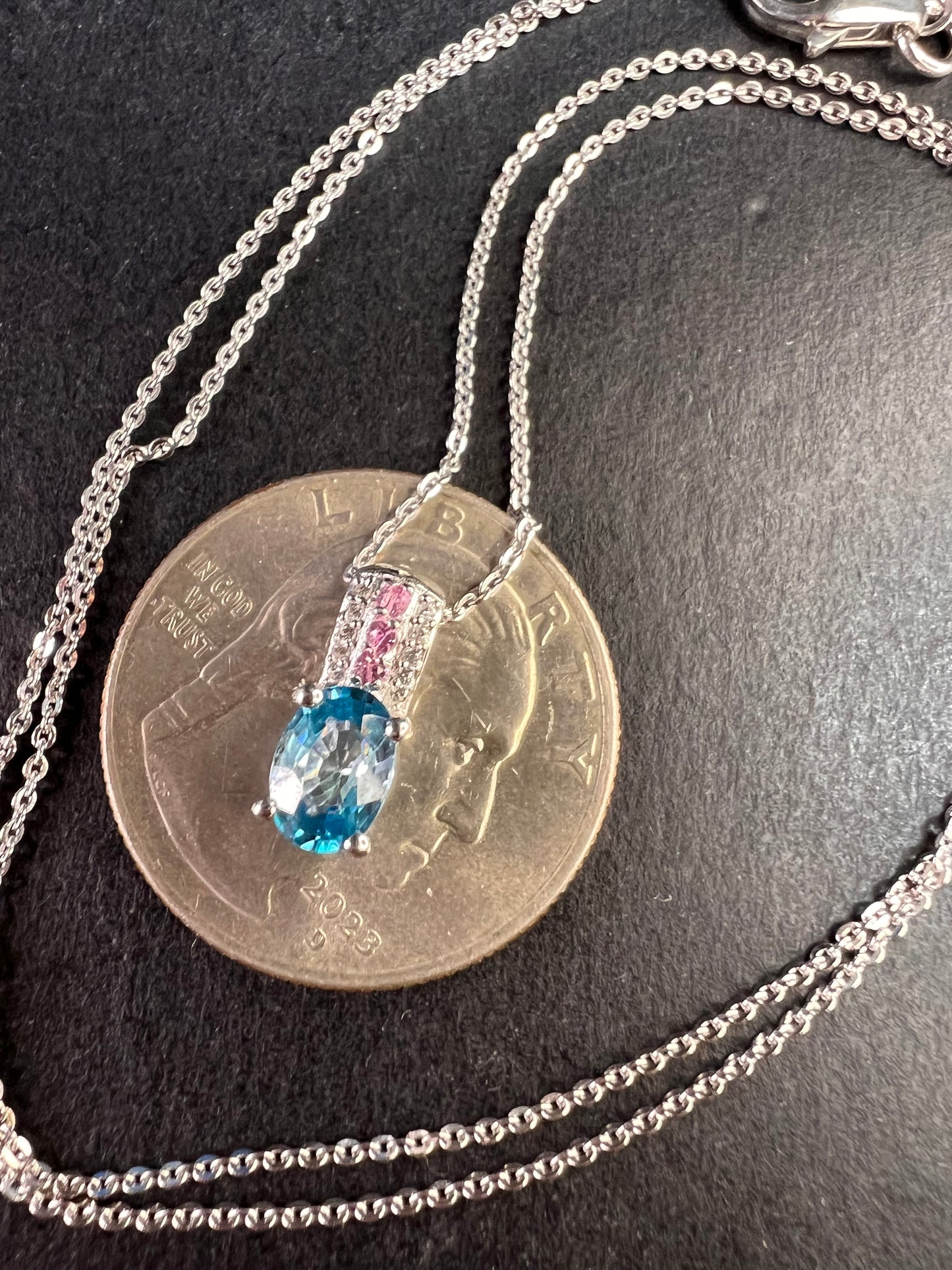 NEW Blue zircon and pink sapphire sterling silver pendant and chain