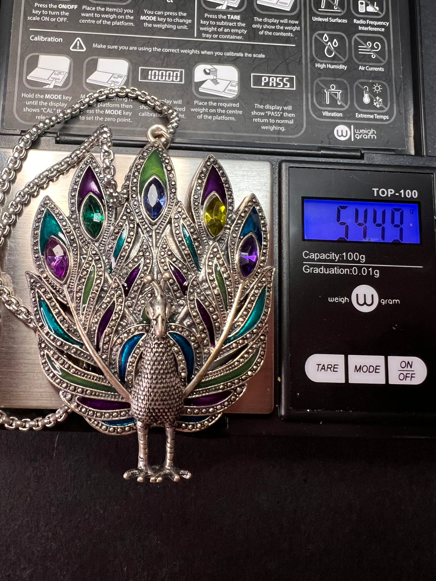 Vintage enameled and jeweled peacock pendant costume jewelry necklace