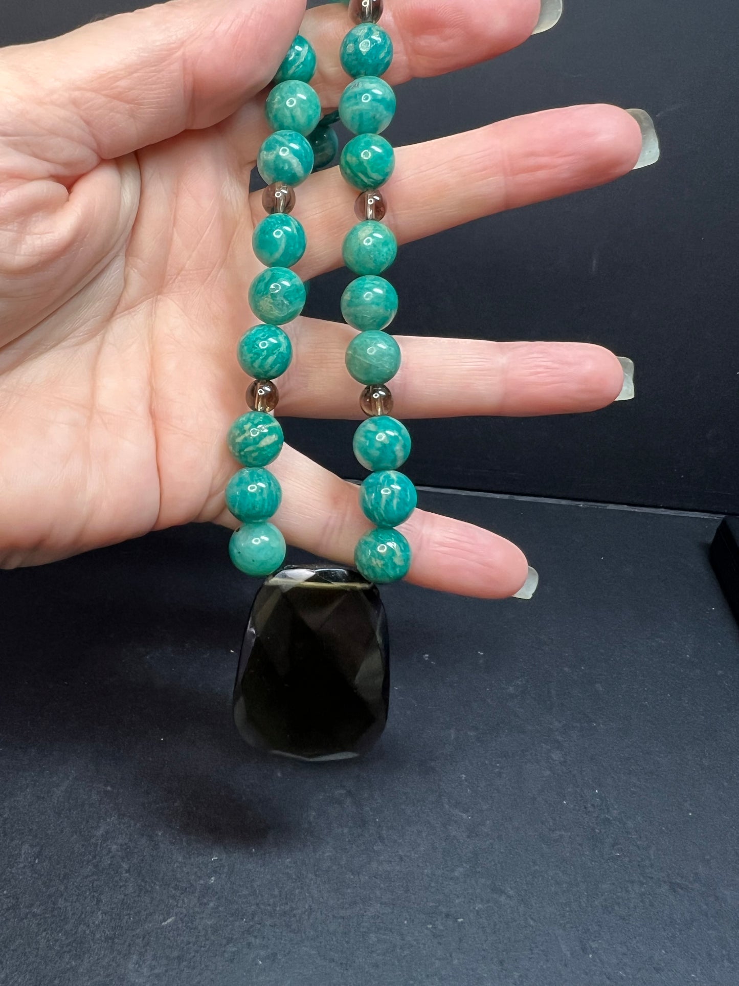 Russian amazonite and smoky quartz necklace with sterling silver clasp