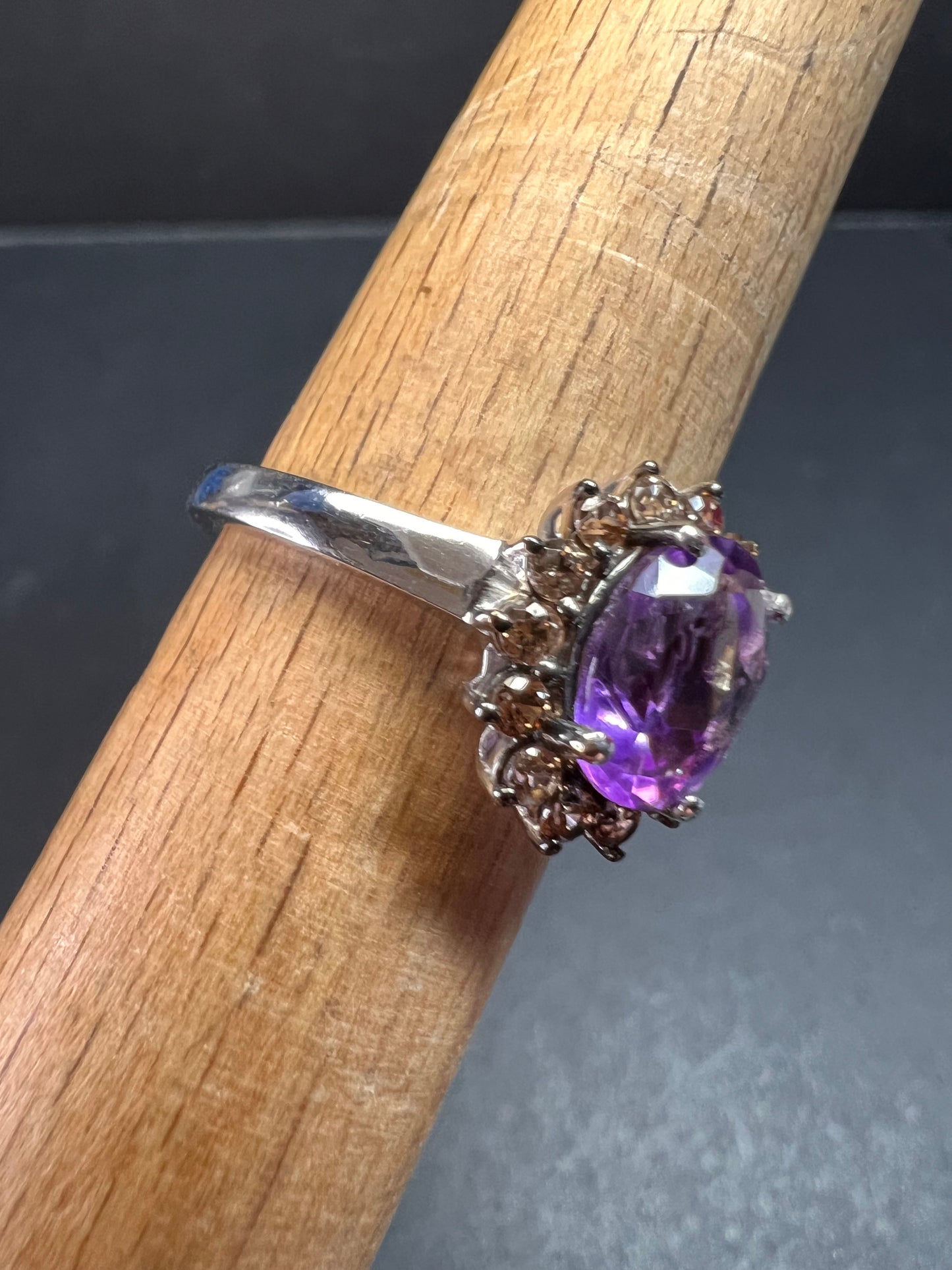 NEW Rose de France and brown zircon halo ring in platinum over sterling silver size 8