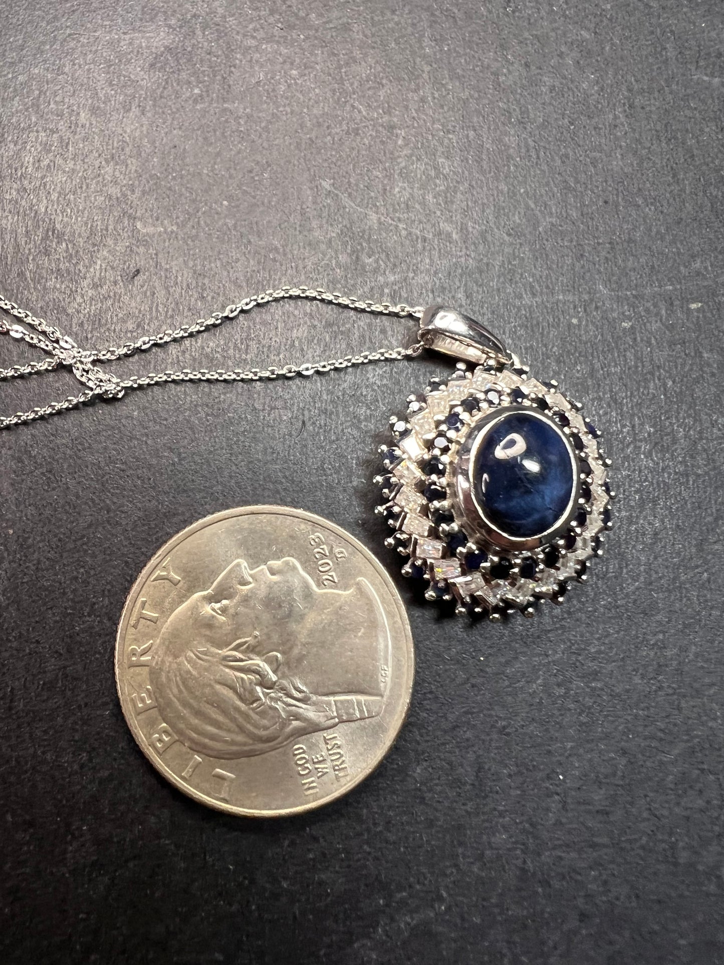 NEW Blue star sapphire and moissanite sterling silver halo pendant necklace