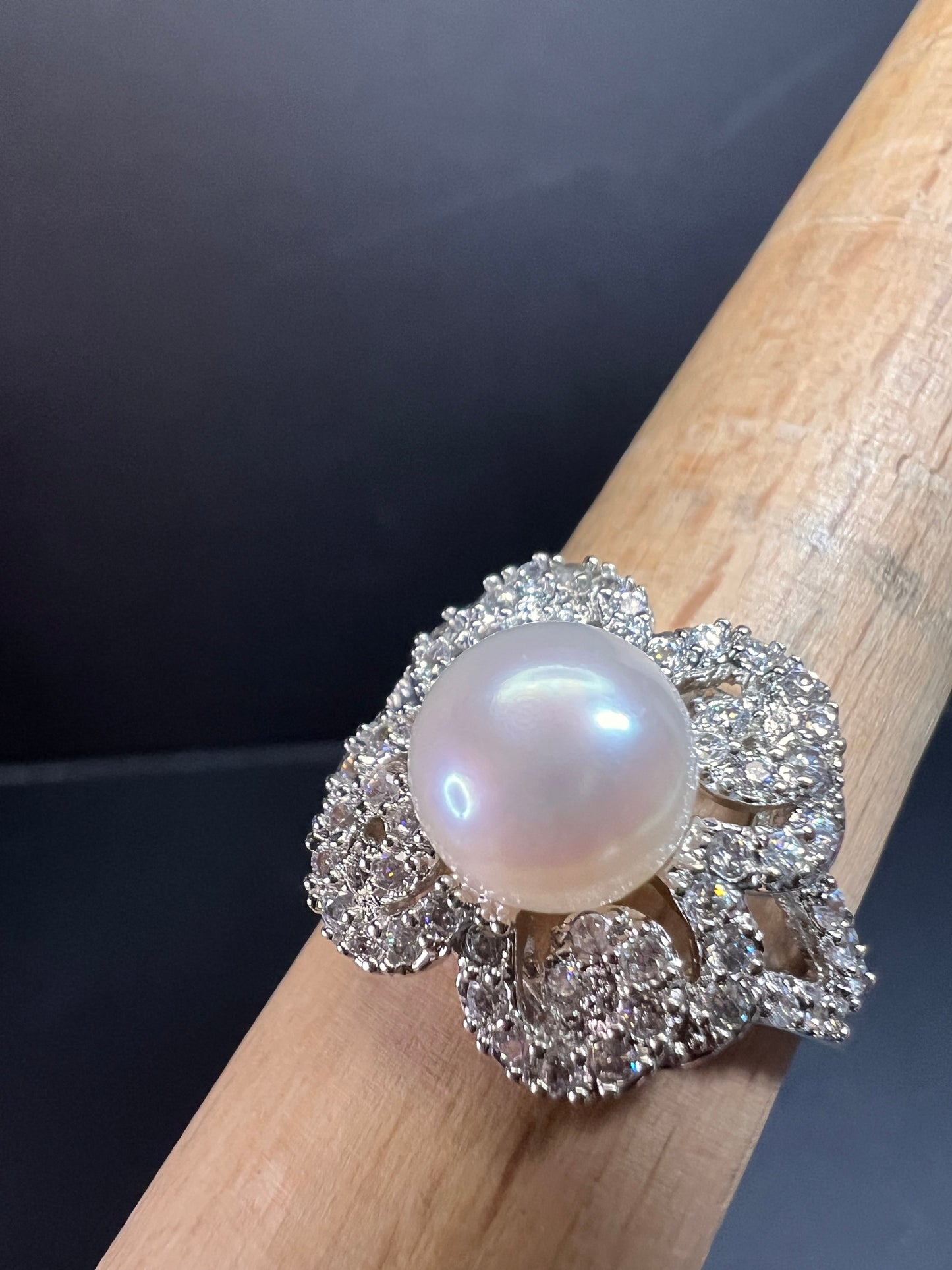 Freshwater pearl and Cz cocktail ring size 9