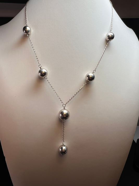 Vintage sterling silver Y drop station ball necklace