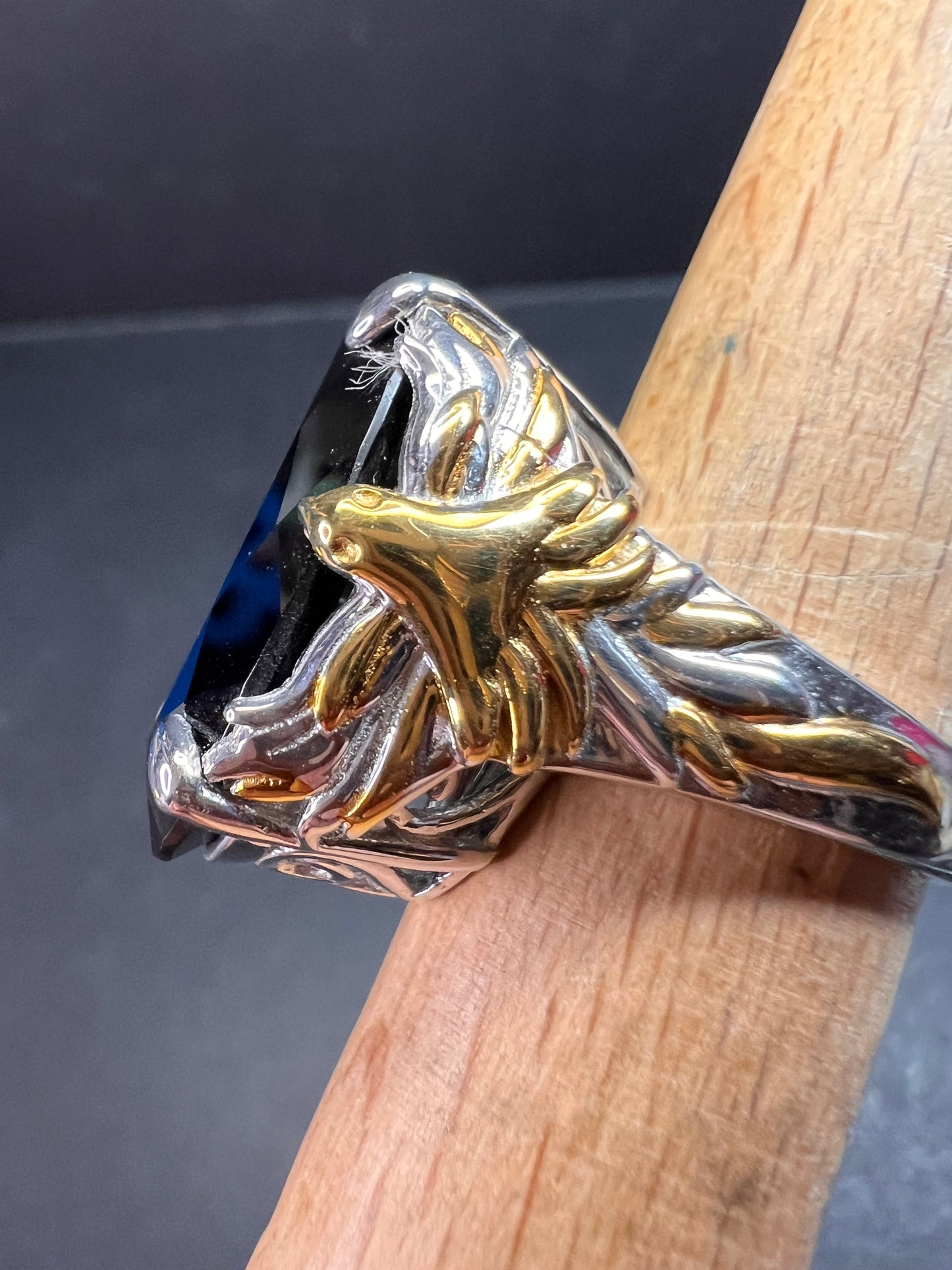 NEW Black spinel Phoenix ring in rhodium and gold vermeil over sterling silver size 7
