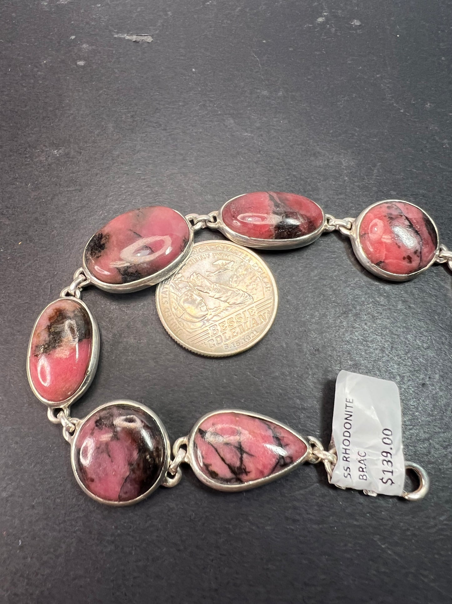 New Rhodonite free form sterling silver link bracelet 8-8.5 inch