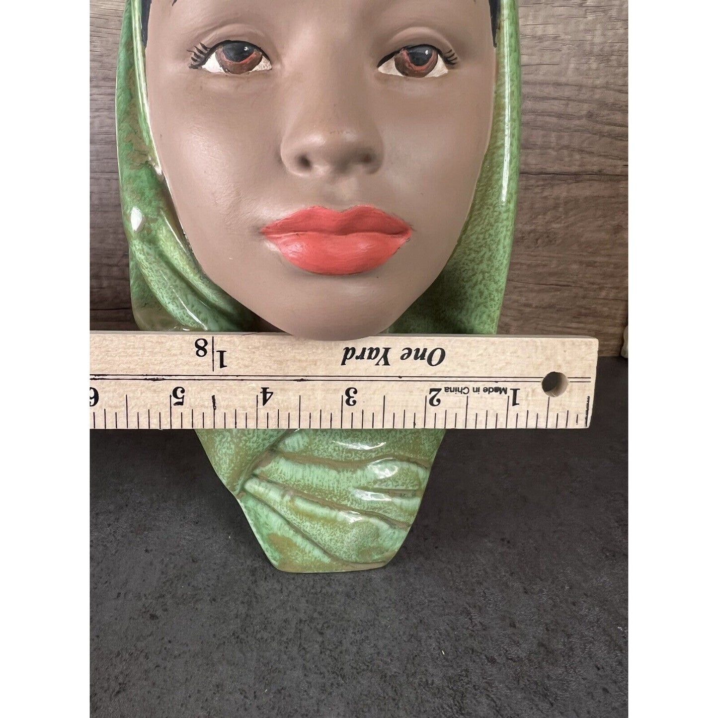 Vintage Female Head Bust Hand Painted Chalk Ware Green Head Scarf Ceramic