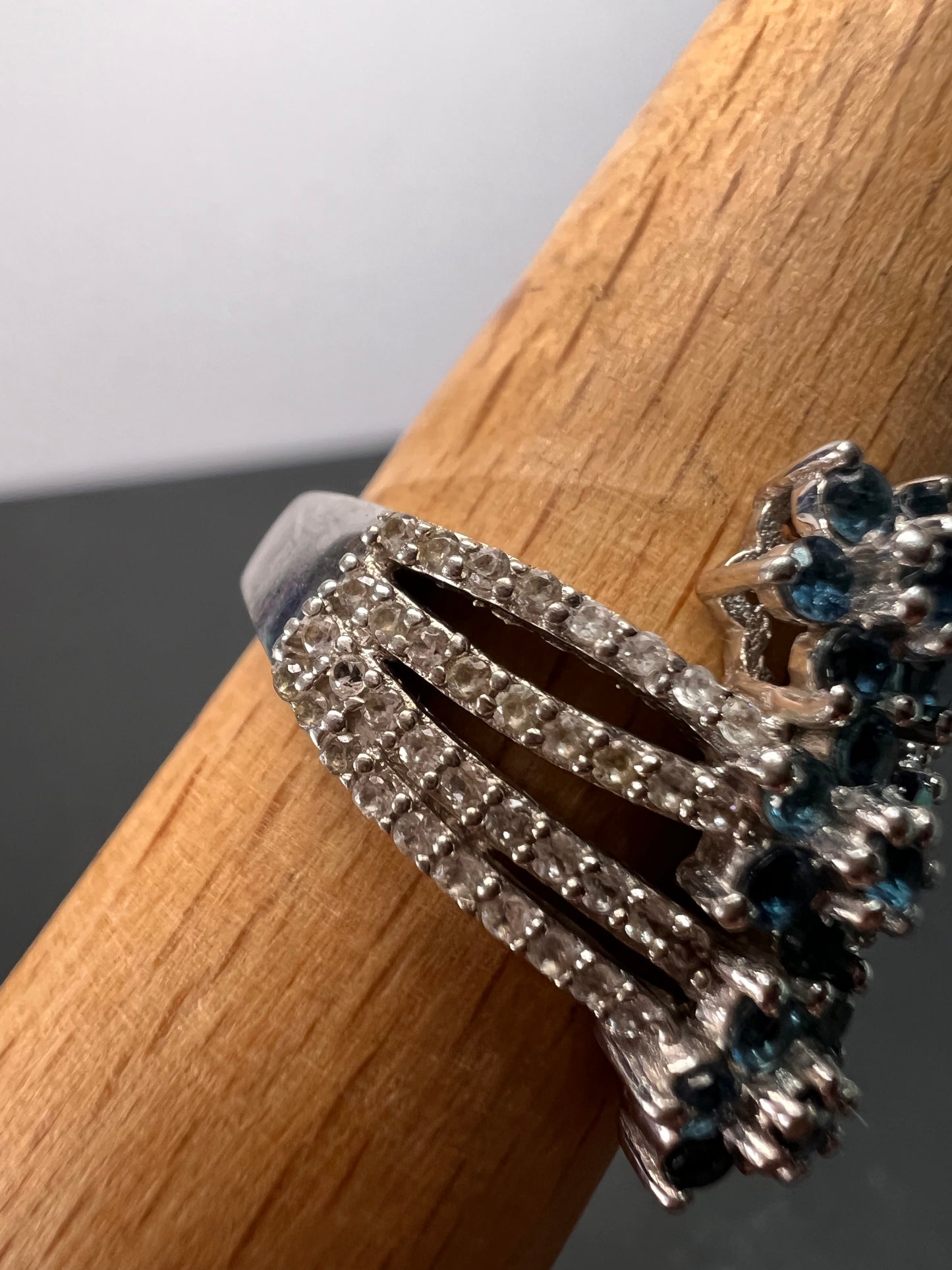 Blue tourmaline and zircon bypass ring in sterling silver size 9