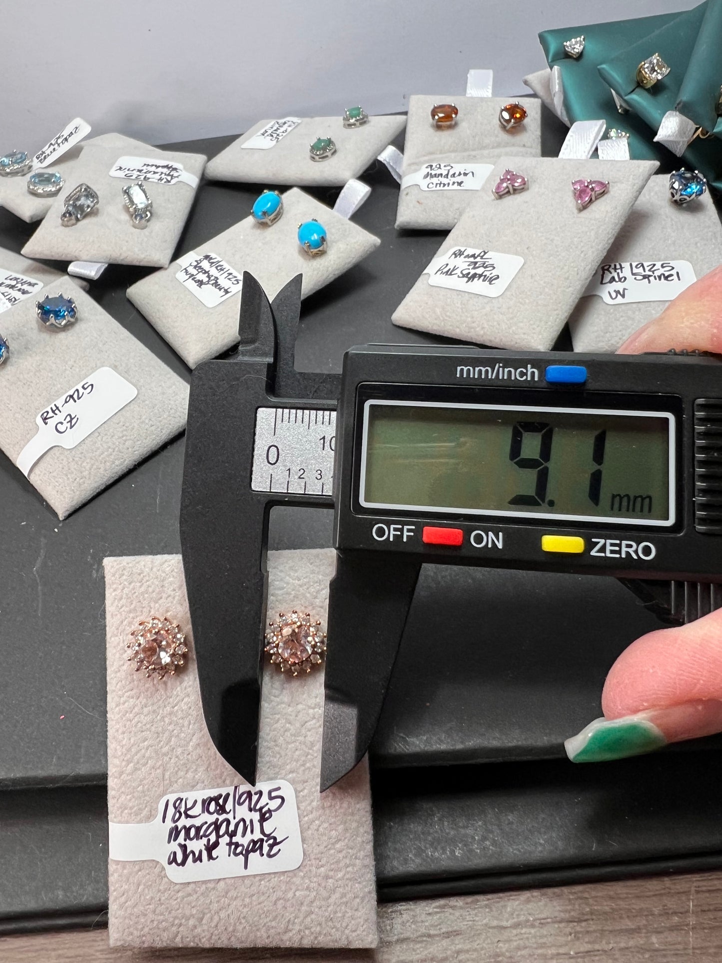 Morganite and zircon trillion halo rose gold over sterling stud earrings