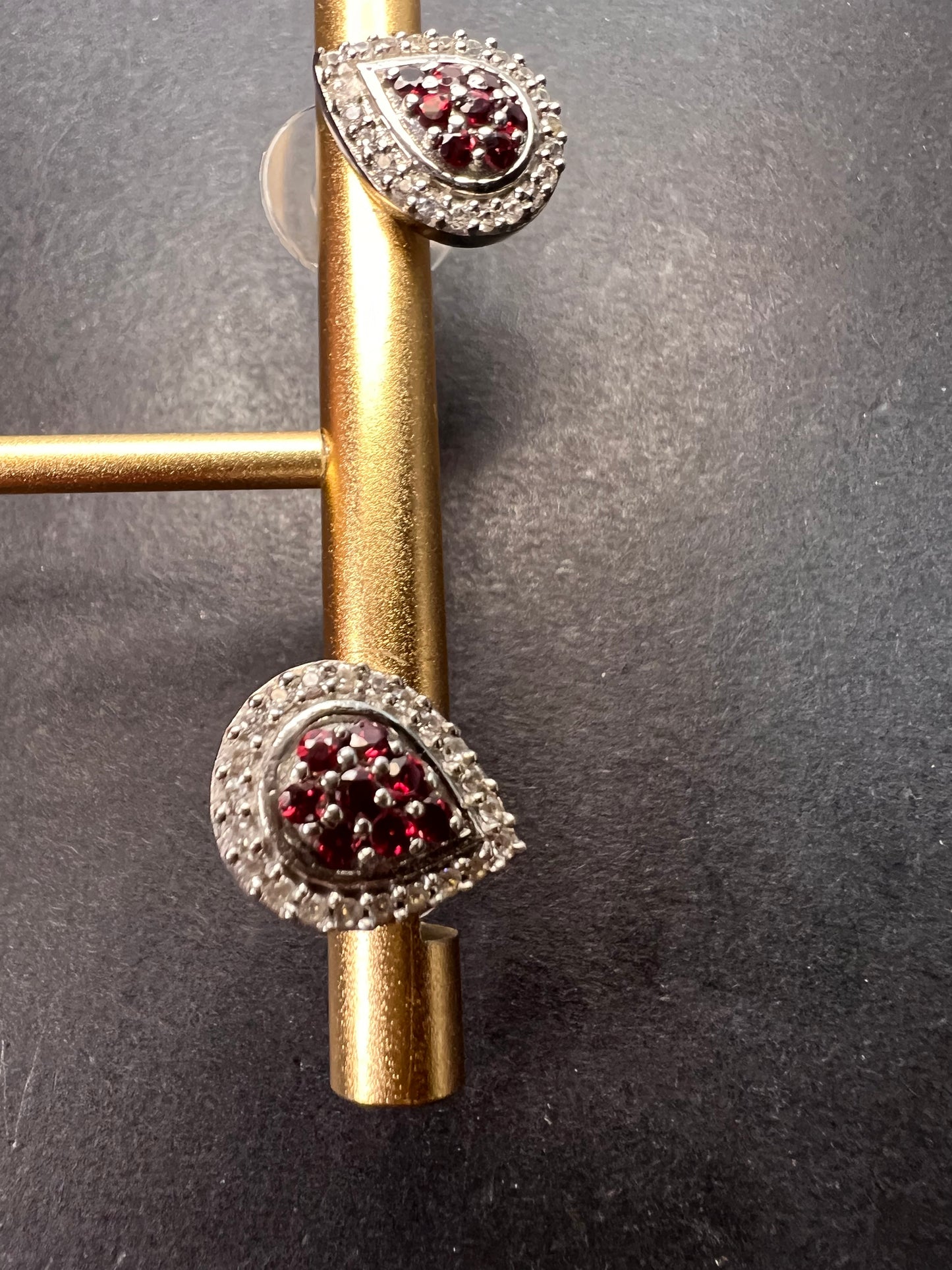 Rhodolite garnet and white topaz teardrop sterling silver post halo earrings