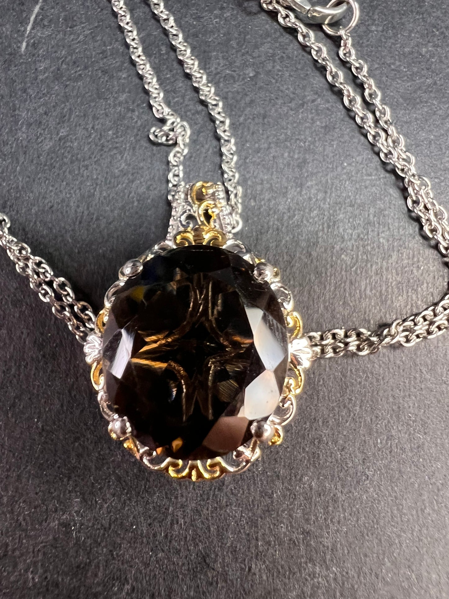 NEW Smoky Quartz pendant necklace in platinum and YG over brass and stainless steel 20 inches
